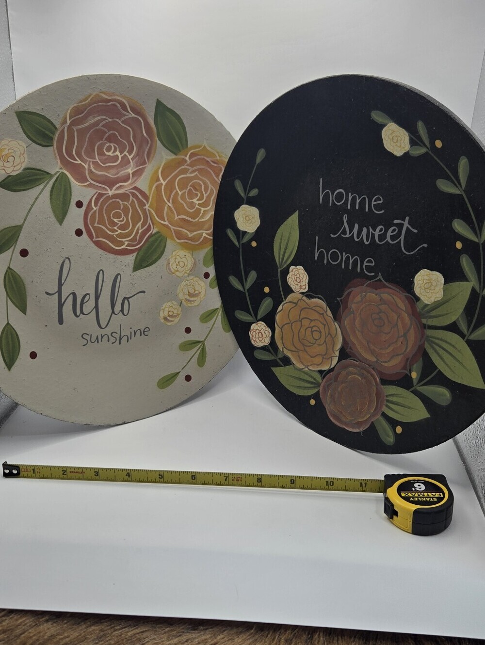 Resin Decor Plates Lot Of 2 Home Sweet Home Hello Sunshine Floral Painted Decor